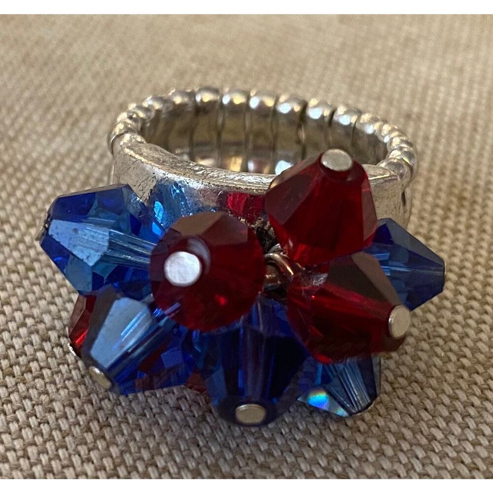 Blue and Red Glass Bead Stretch Ring